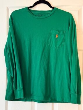 Polo by Ralph Lauren Long Sleeve Pocket Tee in Green with Orange Pony